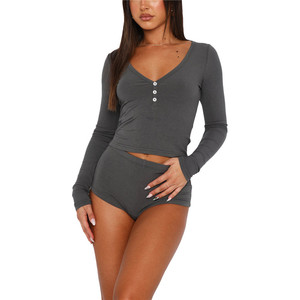 Women Knitted <b>Long</b> <b>Sleeve</b> <b>Crop</b> Top And Shorts Set Solid Color Round Neck Elastic Waist Casual Lounge Wear <b>Black</b> - Product Image 3