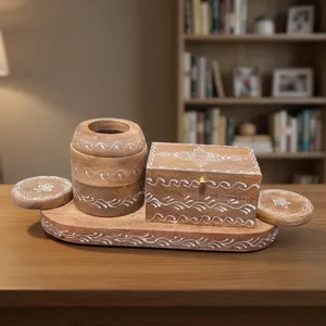 Boho Style Wooden <b>Incense</b> Burner Set On Oval Tray With Hand Painted White Wave Motifs Round Holders And Hinged Storage <b>Box</b> - Product Image 6