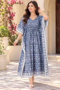 Vestido Largo Kaftán Bohemio Floral Azul y Blanco para Mujer, Cuello en V, Sin Mangas, Cintura con Cordón, Corte Holgado, 100% Algodón, para Playa - Product Image 2