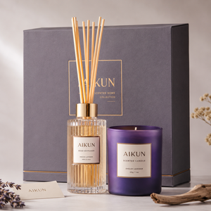 ชุดของขวัญน้ำหอมปรับอากาศกลิ่นลาเวนเดอร์สีม่วงสุดหรู AIKUN พร้อมขวดแก้วลายริ้ว สำหรับสปา ขายส่ง - Product Image 1