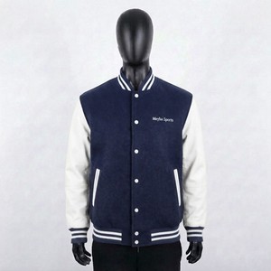 Meyba Sports <b>Men's</b> Navy <b>White</b> Varsity <b>Jacket</b> Preppy Style Embroidered Logo Pullover Turn-down Collar Winter Cotton Lining - Product Image 1