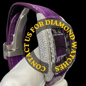 Montre pour homme personnalisée à cadran carré en verre avec chiffres romains, bracelet en cuir violet et diamants Moissanite – Nouveauté très prisée - Product Image 3