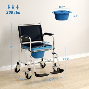 Chaise de douche roulante noire 300 lb, chaise de toilette de chevet, fauteuil roulant avec dossier et siège rembourrés, revêtement poudré pour personnes âgées et handicapées - Product Image 3