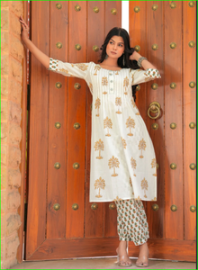 Conjunto de Kurta y Salwar de Algodón con Estampado Digital de Palmeras para Mujer - Product Image 3