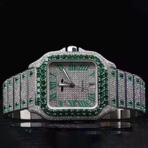 Luxury square <b>diamond</b> wristwatch with emerald bezel roman numeral dial automatic movement sparkling gemstone bracelet elegant - Product Image 2