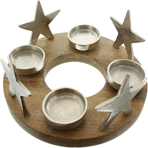 Couronne de Noël en aluminium et bois avec étoiles argentées et porte-bougies chauffe-plat - Product Image 1