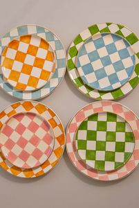 Handmade <b>Ceramic</b> Serving <b>Plates</b> Set Red Grid Stripe Pattern Rectangular Round Dishes Wabi Sabi Design Dishware - Product Image 4