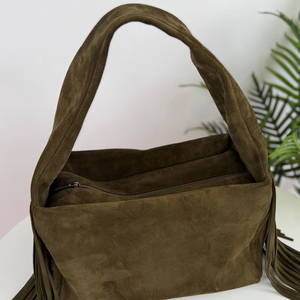 กระเป๋าสะพายข้างทรงถังแบบมีพู่หนังกลับสไตล์วินเทจโบโฮ - Product Image 1