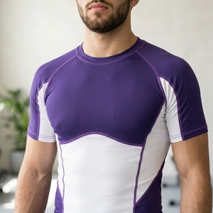 Men's Purple White Color Blocked Compression Shirt Short Sleeve Quick Dry Sporty Fit Athletic Workout Top - Product Image 2