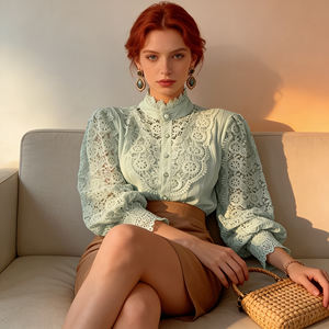 Ventes flash sur Temu |   Chemisier chic à col montant en dentelle pour femme, avec manches bouffantes et découpes, élégant et décontracté pour le quotidien - Product Image 3