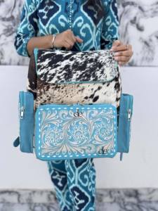 Sac à dos élégant en cuir sculpté, couleur turquoise, en fourrure de cheval, unisexe, magnifique sac à dos de créateur - Product Image 4