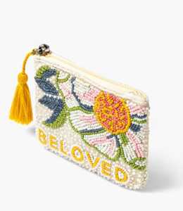 Luxury Handmade Tyvek Coin Pouch Women Floral BELOVED Design Wrist Strap Chain <b>Cute</b> Mini <b>Purse</b> Premium Artisan Beadwork - Product Image 1