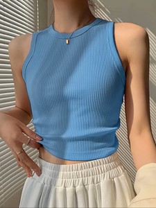 Camiseta sin mangas elegante y casual para mujer, con cuello redondo, transpirable, para verano, con logo frontal, elasticidad moderada, color liso - Product Image 3