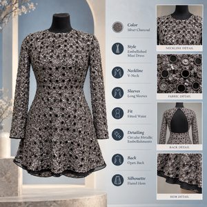 Mini-robe ornée de métal |   Robe de soirée formelle chic à col en V, manches longues, évasée, dos ouvert, pour cocktails et événements du soir - Product Image 5
