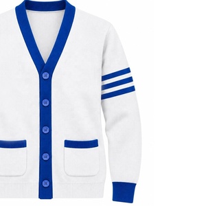 Suéter Cárdigan de Punto al por Mayor para Mujeres Universitarias, Color Blanco y Azul, Cuello en V, Estilo Universitario, Manga a Rayas, OEM - Product Image 3
