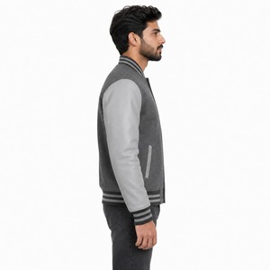 Chaqueta Universitaria Clásica, Cuerpo de Lana y Poliéster, Mangas de Cuero Sintético, Cuello y Puños Acanalados, Cierre de Botones a Presión, Estilo Casual Universitario - Product Image 3