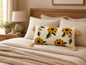 Coussin lombaire décoratif en coton fait main avec broderie florale tournesol et pompons pour canapé et lit - Product Image 2