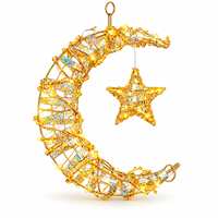Décoration murale en forme de petite lune lumineuse à piles avec cadre en fil doré et ruban irisé, durable et réutilisable pour le Ramadan