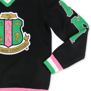 <b>Black</b> AKA V Neck Sweater With Pink Green Trim Embroidered Crest Pullover Knit <b>Top</b> Stylish Casual Apparel For Women - Product Image 3