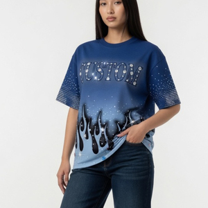 เสื้อยืดโอเวอร์ไซส์ลายพิมพ์สกรีนประดับคริสตัลแบบซันเฟด Glory Custom คุณภาพพรีเมียม แบบไหล่ตก รับผลิตเสื้อยืด OEM ขายส่ง - Product Image 4