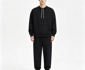 Ensemble de survêtements noirs pour hommes, taille élastique, cordon de serrage, poches, tenue décontractée d'automne, 100% coton, tricoté mi-lourd, style jogger - Product Image 1