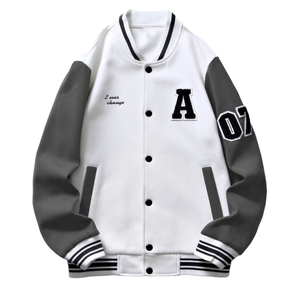 Chaqueta Varsity Blanca y Gris para Hombre AL SWANS INTERNATIONAL, Cierre de Cremallera con Letras en el Frente, Ropa Casual de Invierno, Corte Regular, Resistente al Viento - Product Image 1