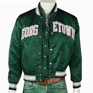OEM personalizado retro de moda de los hombres Varsity chaqueta de invierno verde/azul marino chaqueta de satén con acanalado puño elástico y material de lona - Product Image 1