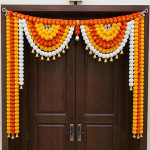 Orange Yellow White Marigold Garland Toran with Golden Bells and Ganesha Idol Decorative Entrance Set for Festival Decor - Product Image 1