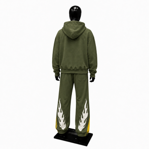 Ensemble de survêtement à capuche Olive avec imprimé crâne flamboyant, coupe ample, manches longues, style streetwear, sweat-shirt et pantalon, tenue d'automne, style urbain - Product Image 2