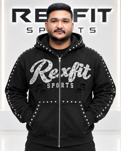 GRAY FOUR SPORTS Custom Men's <b>Black</b> <b>Zip</b> <b>Hoodie</b> Chenille Rhinestone Embroidery Oversized Heavyweight Fleece Streetwear Sweatshirt - Product Image 4