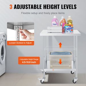 Banco da Lavoro in Acciaio Inox a 4 Ruote, Altezza Regolabile su 3 Livelli, 24x30x38 Pollici, Tavolo per Preparazione Alimenti - Product Image 5