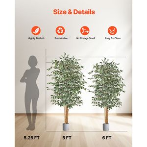 Arbre artificiel Ficus de 6 pieds de haut avec tronc en bois naturel et feuilles vertes réalistes, plante artificielle d'intérieur avec pot noir - Product Image 2