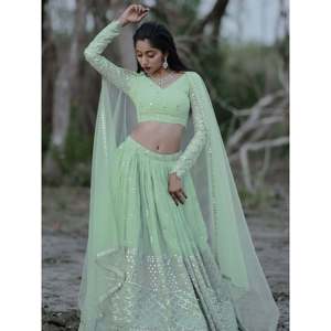 Lehenga Choli de Georgette con Lentejuelas Verde Pastel para Recepción de Boda - Product Image 6
