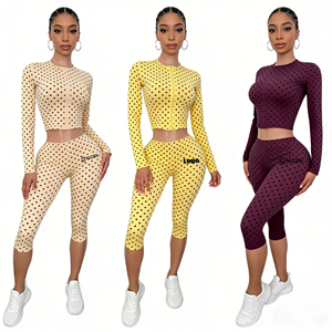 2026 Trend Custom 2 Piece Outfits Polka Dot Crop Long Zip up Top and Knee-length <b>Shorts</b> Soft Stretchy Yoga Summer Sets for Women - Product Image 1