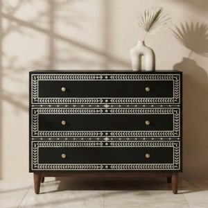 Handcrafted <b>Black</b> Bone Inlay Nightstand 3 Drawer Geometric <b>Bedside</b> <b>Table</b> for Home Decoration - Product Image 1