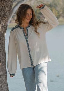 Chemisier brodé en coton pour femme, manches longues, style bohème décontracté, coupe ample, vintage, ODM, été/hiver - Product Image 3