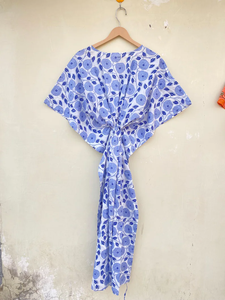 Vestido Kaftán Indio 100% Algodón con Cuello en V, Estilo Boho, Hecho a Mano con Estampado de Bloques, Mangas Murciélago, Cintura Natural, Corte Acampanado para Verano - Product Image 2