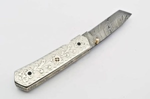Couteau de poche artisanal en acier Damas de qualité industrielle, 8 pouces, pointe clip, lame droite, manche en acier inoxydable, bouton de pouce - Product Image 3