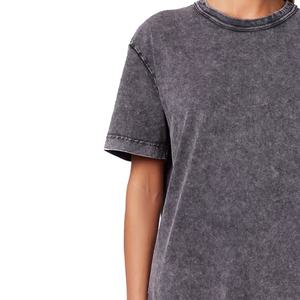T-shirt d'été en coton tricoté respirant à manches courtes et col rond, coupe classique, délavé à l'acide, avec logo, couleur unie pour femme - Product Image 2