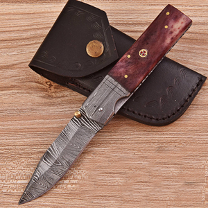 Couteau pliant artisanal en acier Damas, manche en os teinté, pointe clip, qualité industrielle, usage quotidien, avec bouton de pouce, liner. - Product Image 1