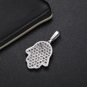 <b>Silver</b> Plated Hamsa Hand Pendant With Rhinestone Inlay Hiphop Style Unisex <b>Charm</b> Gift - Product Image 2