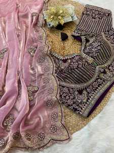 Sari de seda de diseño con hermoso trabajo de mariposas con lentejuelas en toda la prenda y el borde, con blusa con trabajo de costura. - Product Image 6