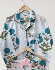 Women Floral Hand Block Printed Cotton Breathable Winter Pajama Set Elegant White Long Sleeve Button-<b>Down</b> Nightwear Shirt - Product Image 1