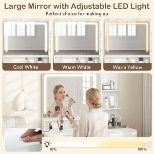 White <b>Makeup</b> Vanity Desk with LED Lighted 27\" X 20\" <b>Mirror</b> Charging Station Stool 8 Storage Spaces - Product Image 6