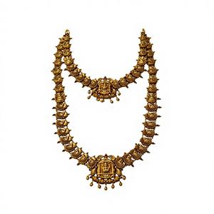 Conjunto de Collar de Oro Sólido de 22K |   Joyería nupcial tradicional del sur de la India con diseño de Lakshmi |   Haram con Acabado Dorado Antiguo - Product Image 2