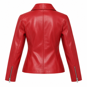 Chaqueta de piel de oveja roja para mujer, con cuello alto, cremallera, estilo motero, manga larga, para otoño e invierno - Product Image 5