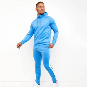 Ensemble de survêtement bleu à capuche pour homme, sweat-shirt à fermeture éclair à manches longues avec poches latérales, couleur unie, respirant, coupe classique, pour le printemps - Product Image 1