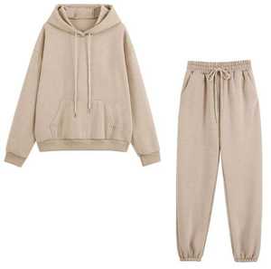 Conjunto de 2 Piezas para Mujer, Sudadera con Capucha y Pantalones Deportivos Cortos, Color Beige Claro, Sudadera de Felpa con Capucha y Pantalones a Juego, Ropa Casual - Product Image 1