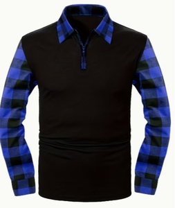 Chemise à manches longues en coton noir pour homme avec manches et col à carreaux bleus Hardihood International - Product Image 5