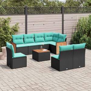 Set di divani da giardino in polyrattan nero da 9 pezzi con cuscini, mobili da giardino - Product Image 1